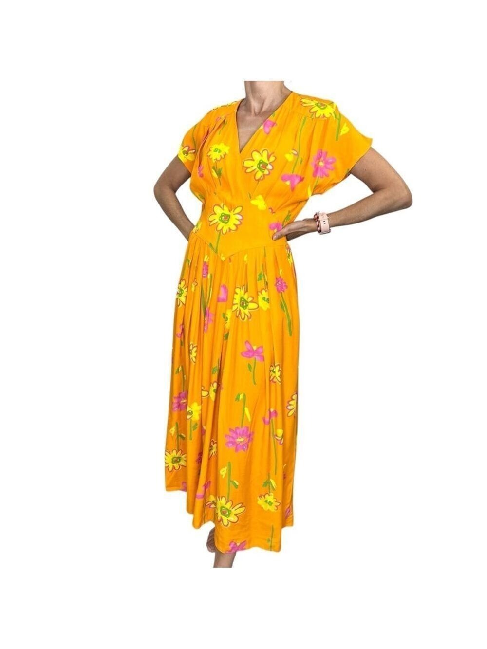Vintage Jolibel Canada 80s 90s bright orange floral print pleated maxi dress 6